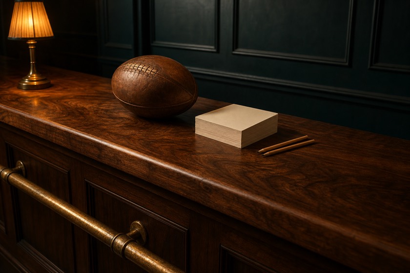 Wettschalter aus Nussbaum mit Messing-Fußreling, darauf ein alter Lederball, ein Stapel leerer Wettscheine und zwei Bleistifte.