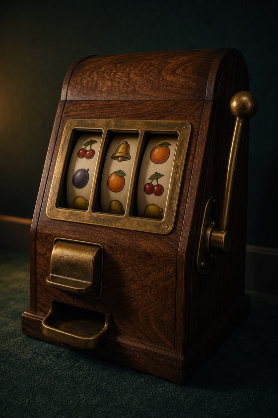 Spielautomat im Nussbaumgehäuse mit Messingblende, drei Walzen und langem Messinghebel, auf blaugrünem Teppich.